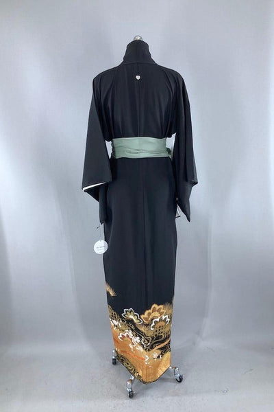 Vintage Black & Gold Floral Silk Kimono-ThisBlueBird
