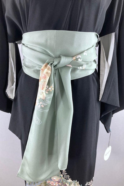 Vintage Black & Green Pagoda Silk Kimono Robe-ThisBlueBird