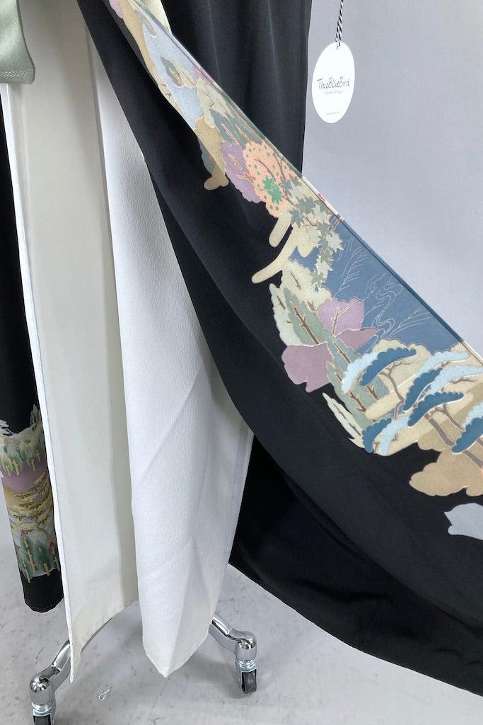 Vintage Black & Green Pagoda Silk Kimono Robe-ThisBlueBird