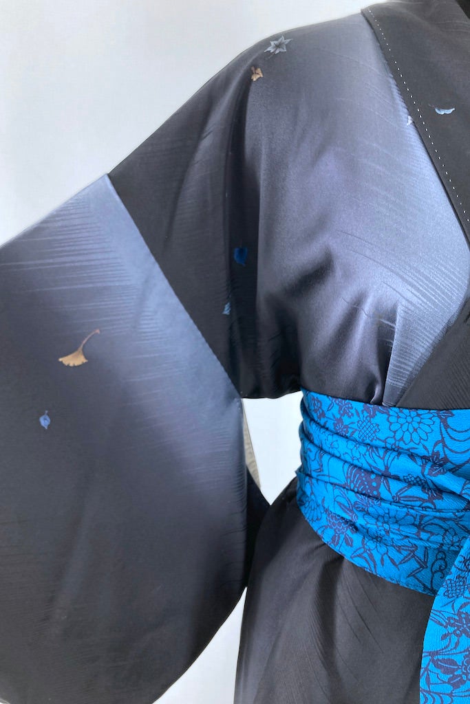 Vintage Black & Grey Gingko Maple Leaves Kimono Robe-ThisBlueBird