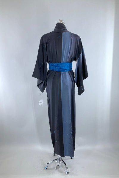 Vintage Black & Grey Gingko Maple Leaves Kimono Robe-ThisBlueBird