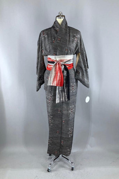 Vintage Black & Grey Raw Silk Kimono-ThisBlueBird