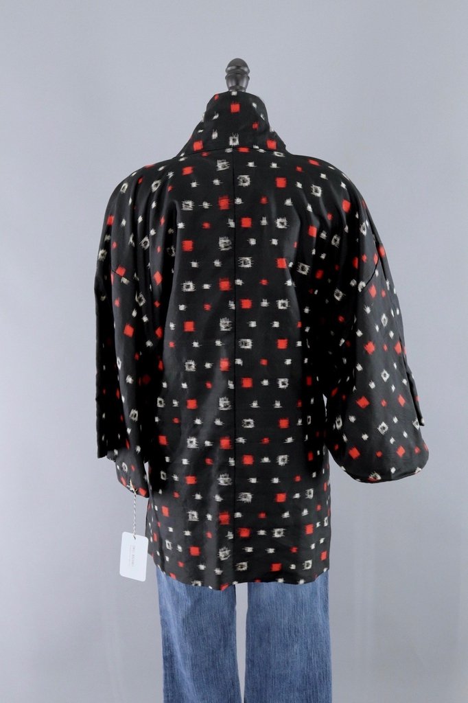 Vintage Silk Kimono Jacket / Black, Red & White Ikat Kasuri - ThisBlueBird