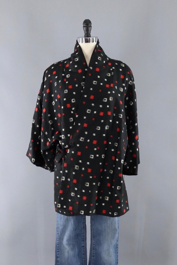 Vintage Silk Kimono Jacket / Black, Red & White Ikat Kasuri - ThisBlueBird