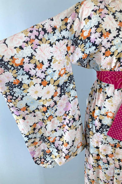 Vintage Black & Pink Floral Rayon Kimono-ThisBlueBird