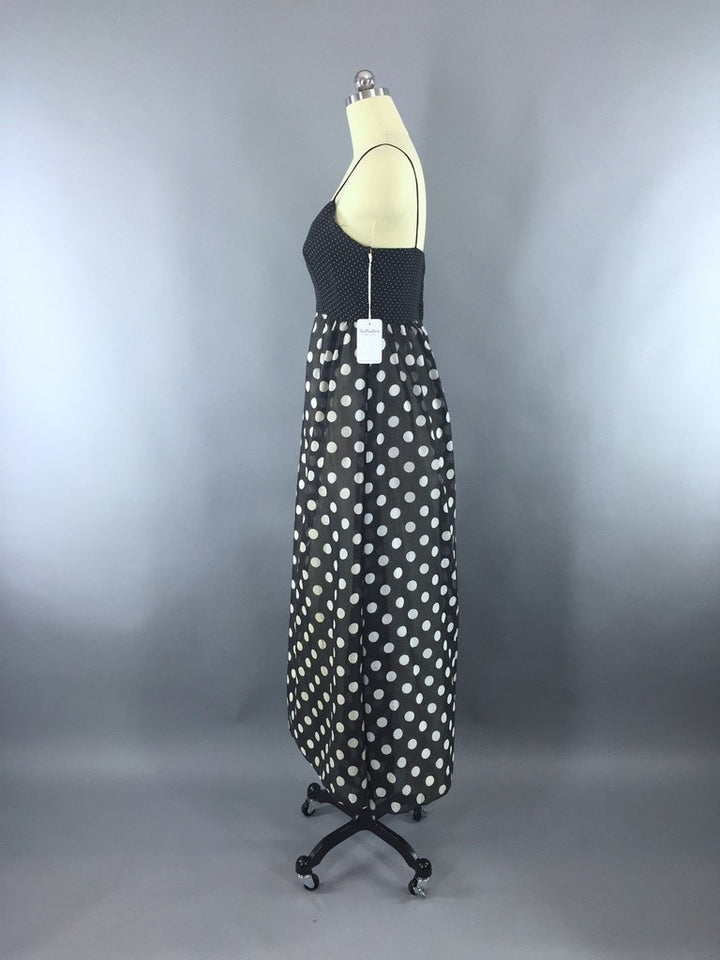 1960s Vintage Black Polka Dot Maxi Dress - ThisBlueBird