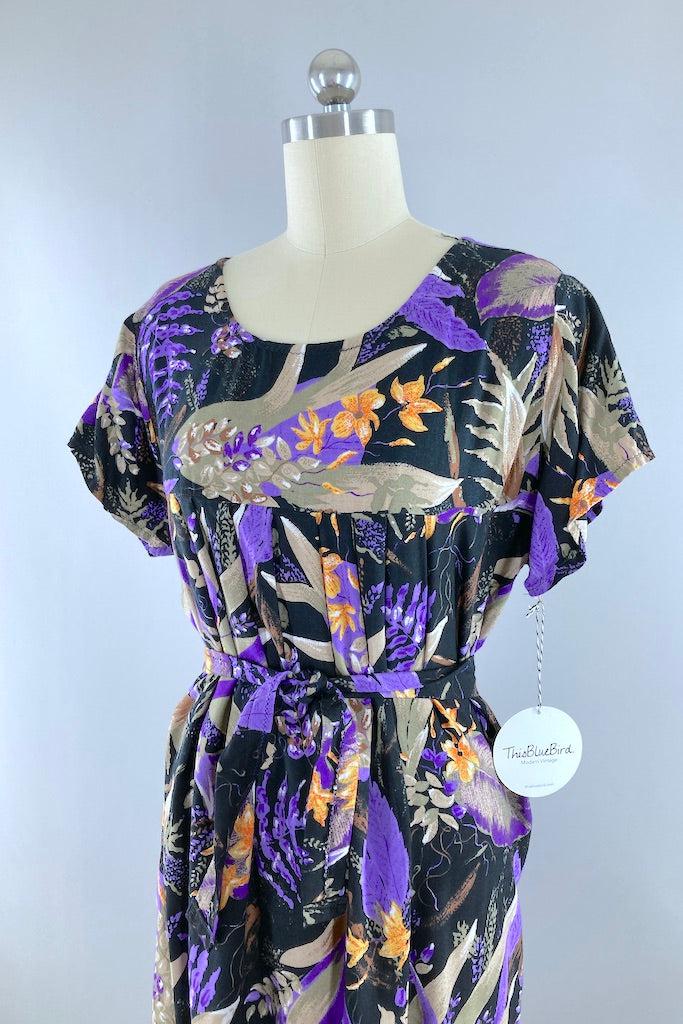 Vintage Black & Purple Hawaiian Aloha Dress-ThisBlueBird