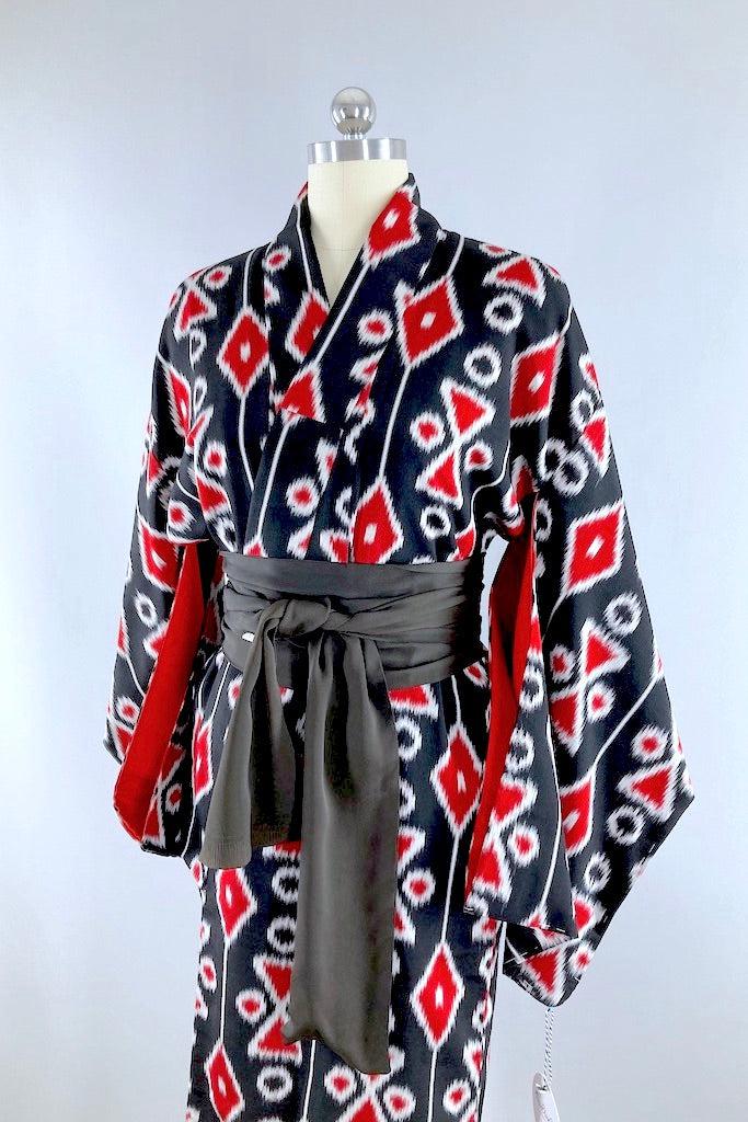 Vintage Black &amp; Red Ikat Silk Kimono-ThisBlueBird