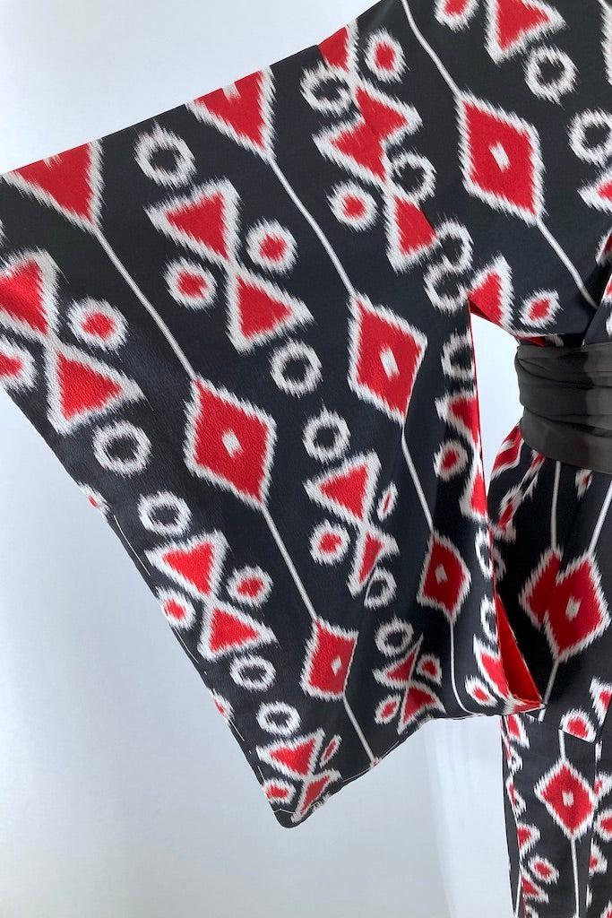 Vintage Black &amp; Red Ikat Silk Kimono-ThisBlueBird