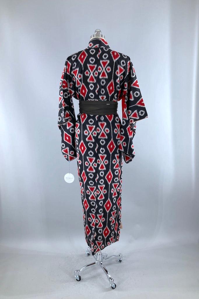 Vintage Black &amp; Red Ikat Silk Kimono-ThisBlueBird