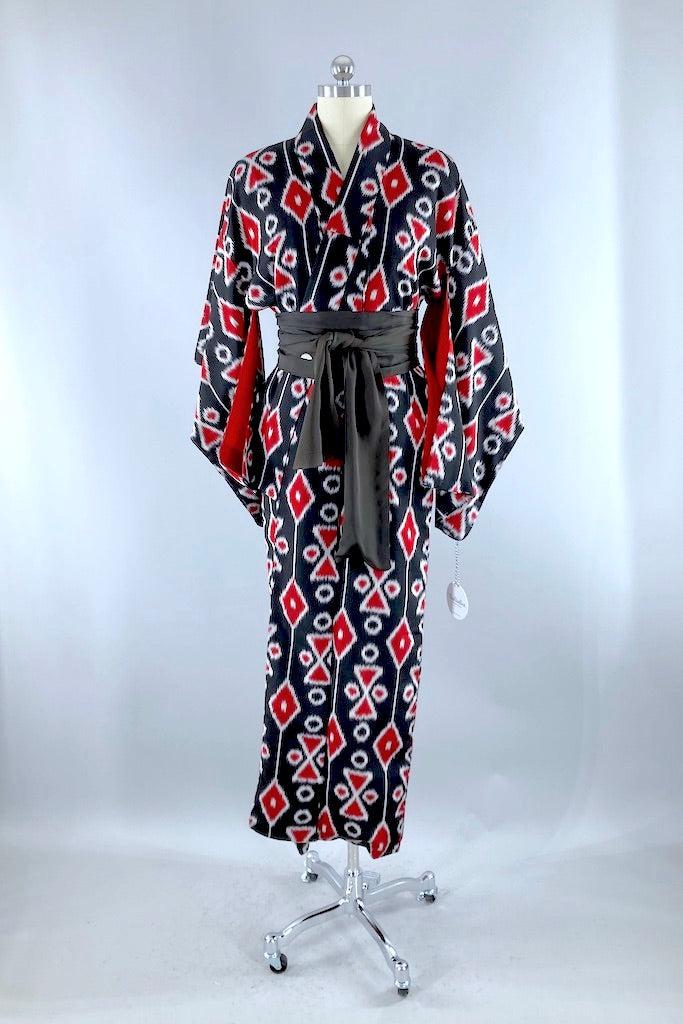 Vintage Black &amp; Red Ikat Silk Kimono-ThisBlueBird