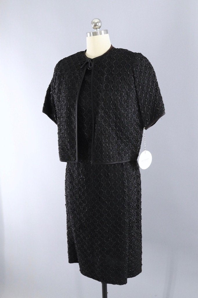 Vintage 1960s Black Ribbon Lace Dress and Jacket Set - ThisBlueBird