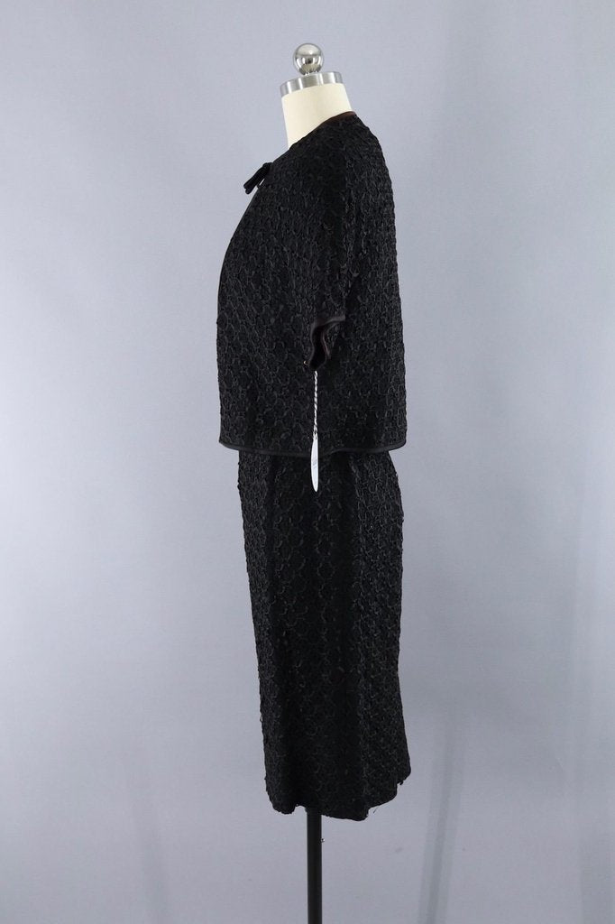 Vintage 1960s Black Ribbon Lace Dress and Jacket Set - ThisBlueBird