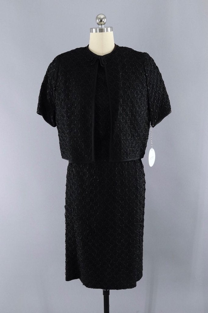 Vintage 1960s Black Ribbon Lace Dress and Jacket Set - ThisBlueBird