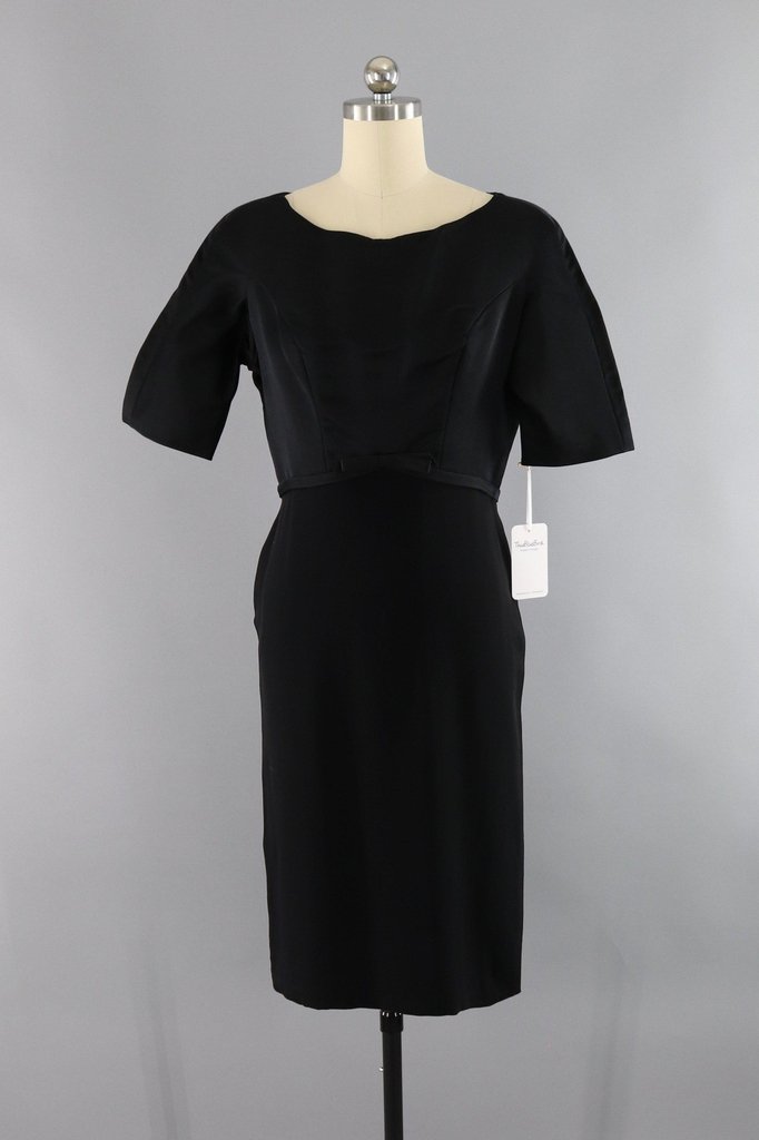 Vintage 1950s Black Satin Crepe Cocktail Dress - ThisBlueBird
