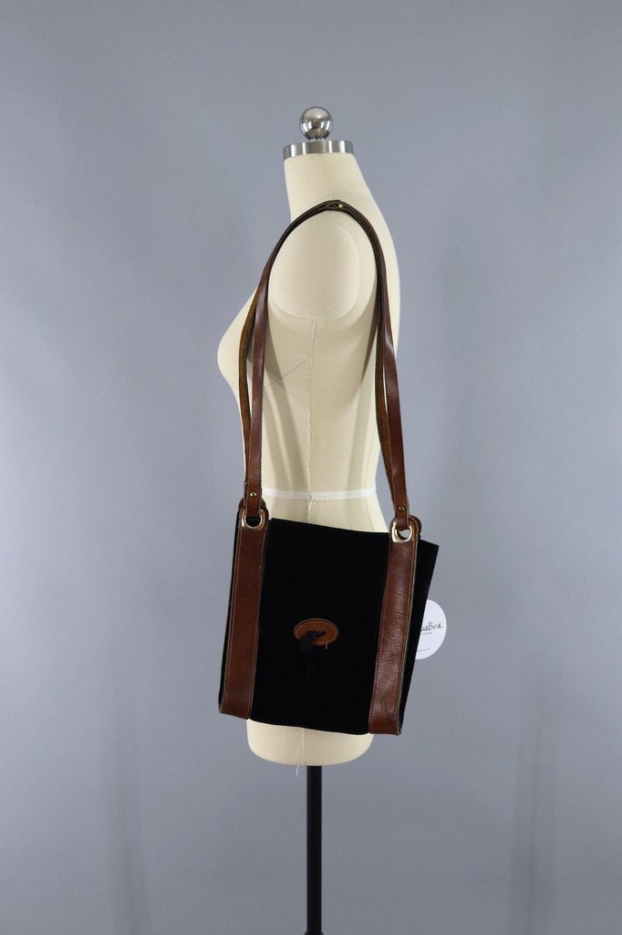Vintage 1980s Black Suede Leather Shoulder Bag - ThisBlueBird