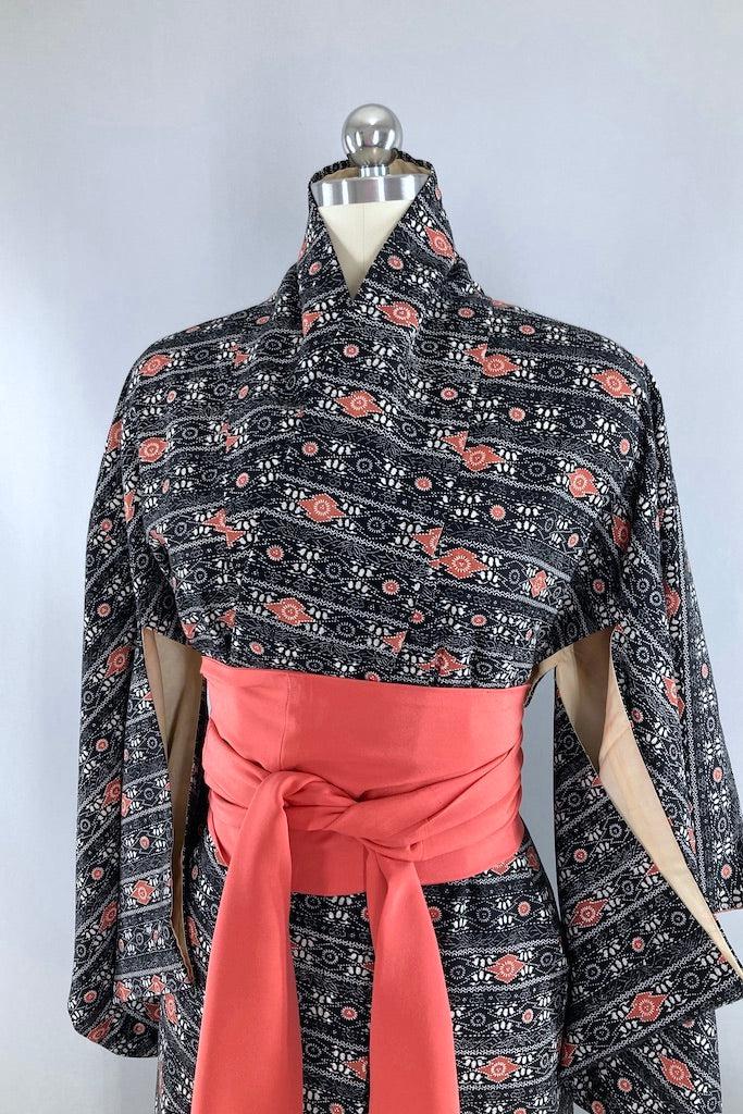 Vintage Black Terra Cotta Raw Silk Kimono-ThisBlueBird