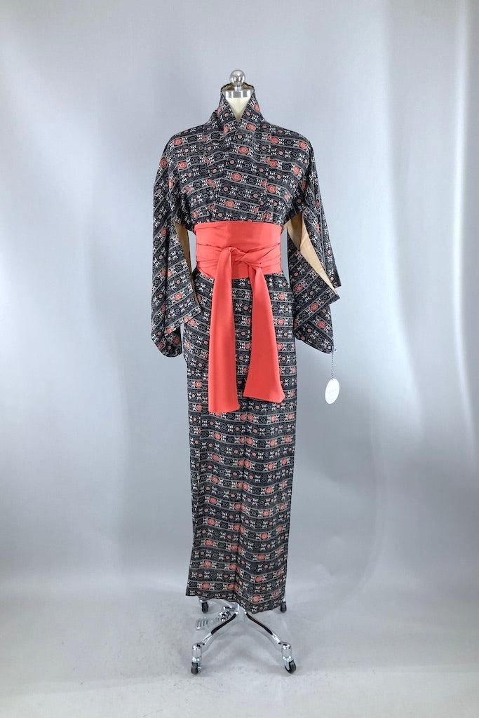 Vintage Black Terra Cotta Raw Silk Kimono-ThisBlueBird