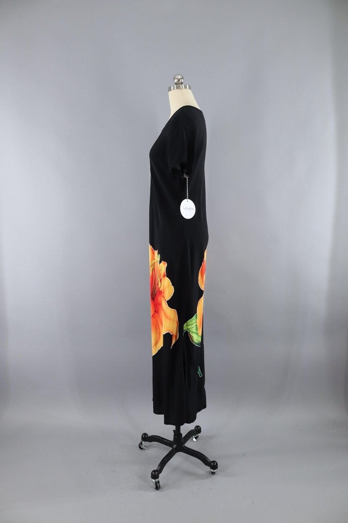 Vintage Black and Orange Tiger Lily Floral Print Dress - ThisBlueBird