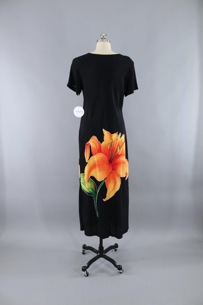 Vintage Black and Orange Tiger Lily Floral Print Dress - ThisBlueBird