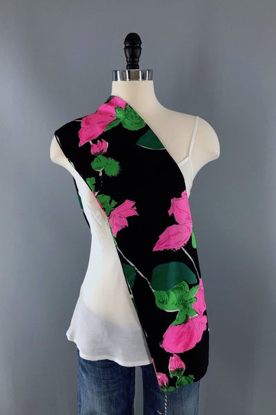 Vintage Black and Pink Floral Print Scarf-ThisBlueBird - Modern Vintage