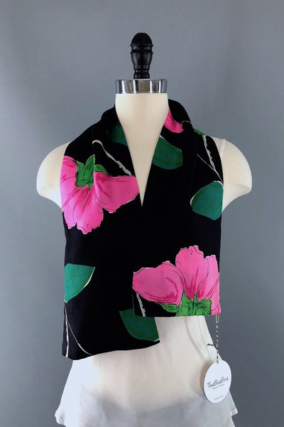 Vintage Black and Pink Floral Print Scarf-ThisBlueBird - Modern Vintage