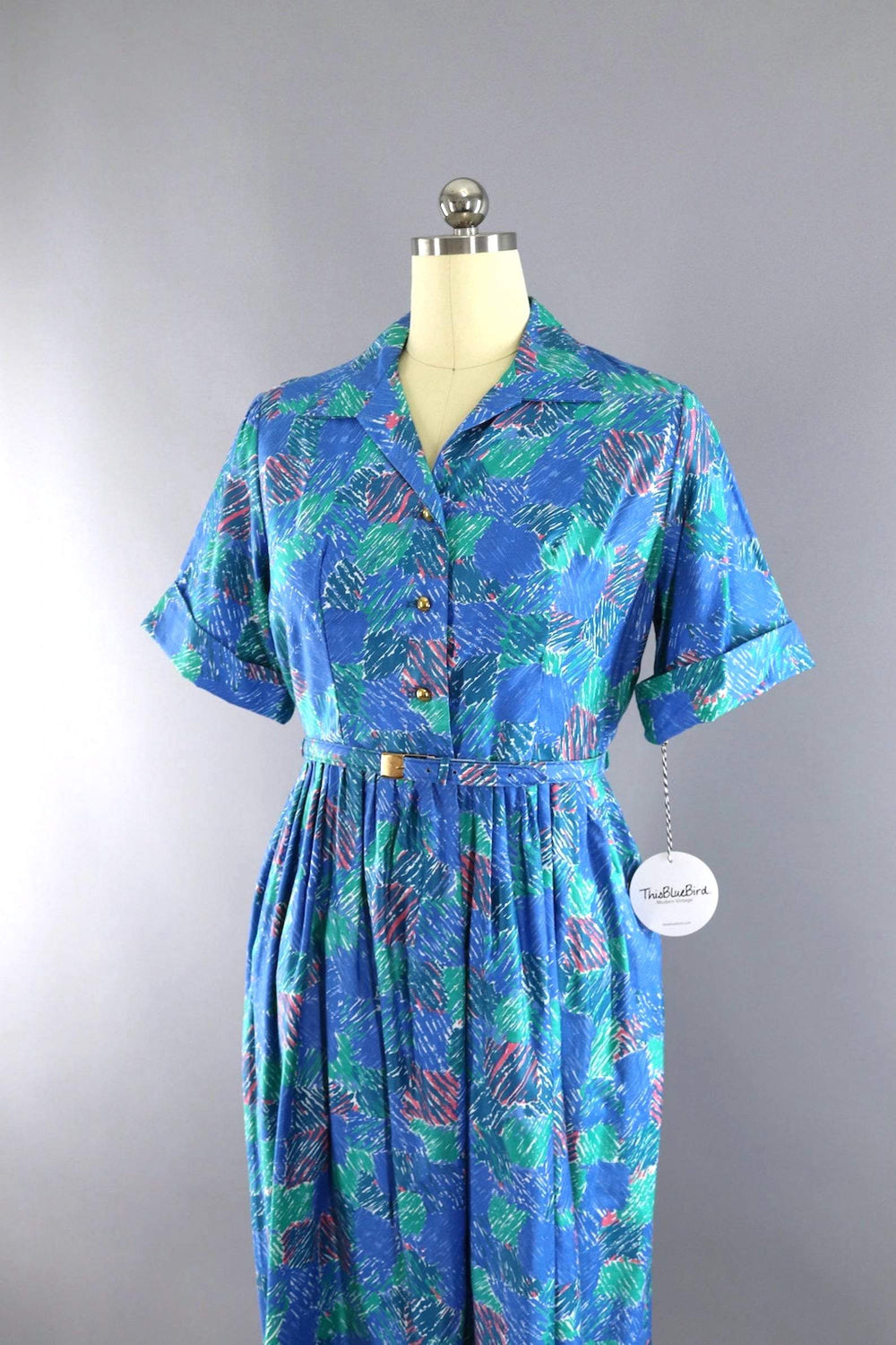 Vintage 1960s Blue Abstract Day Dress-ThisBlueBird