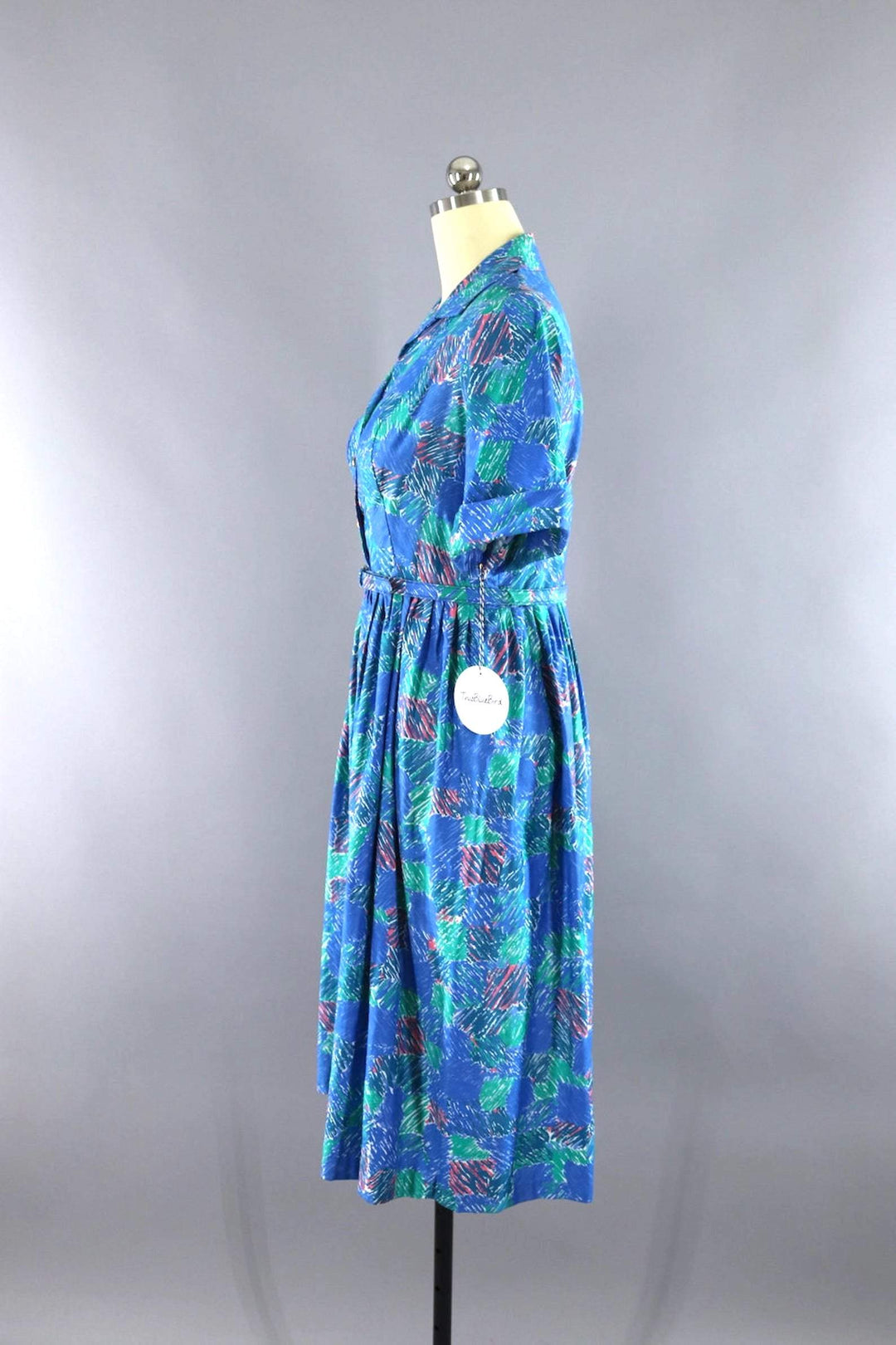 Vintage 1960s Blue Abstract Day Dress-ThisBlueBird