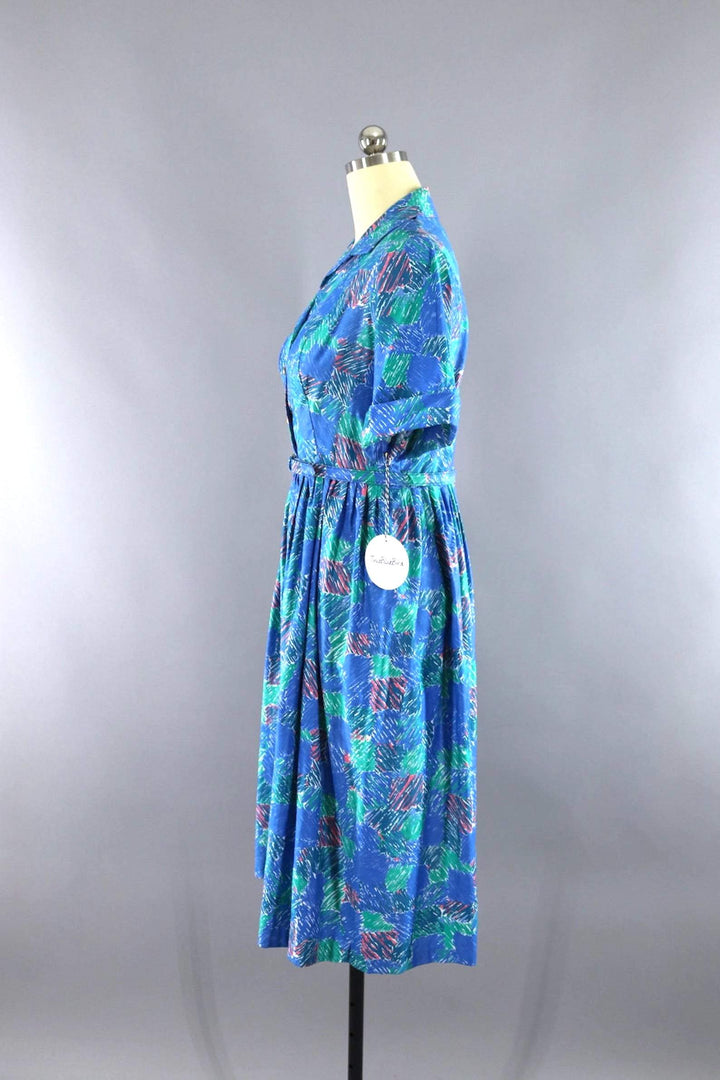 Vintage 1960s Blue Abstract Day Dress-ThisBlueBird