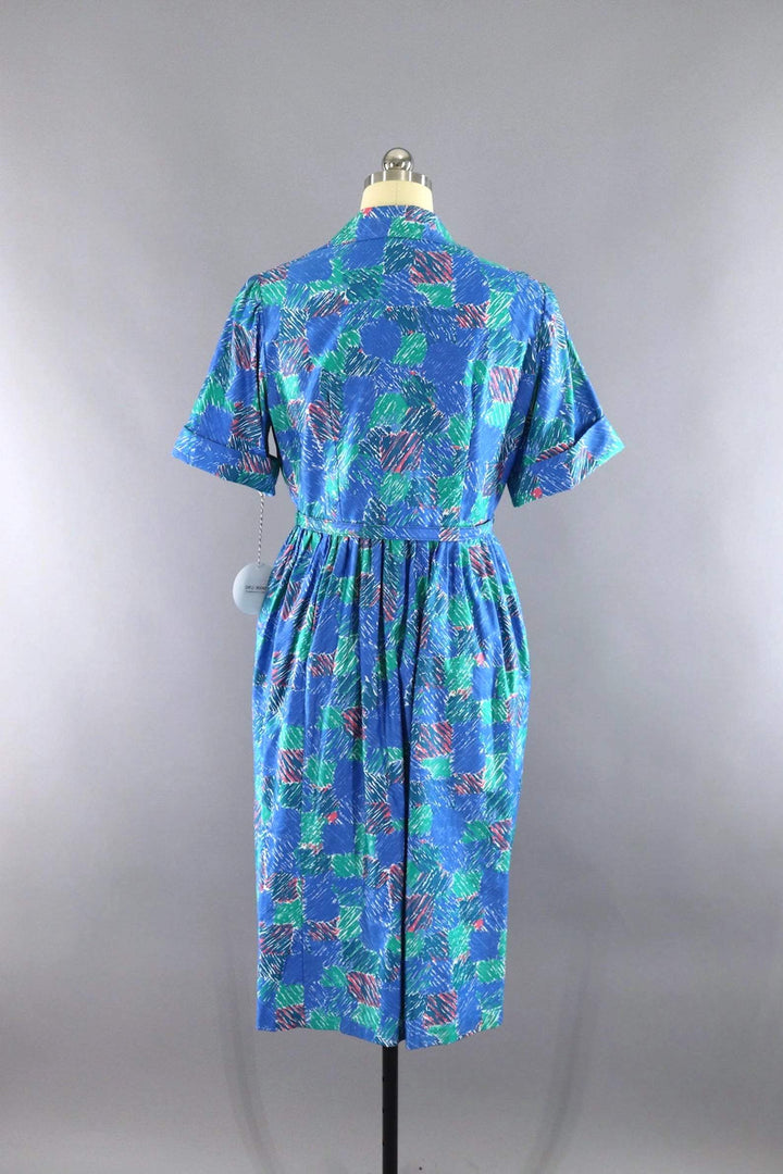 Vintage 1960s Blue Abstract Day Dress-ThisBlueBird
