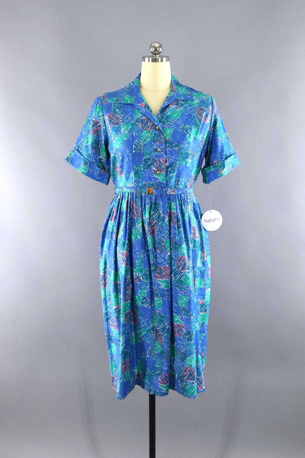 Vintage 1960s Blue Abstract Day Dress-ThisBlueBird