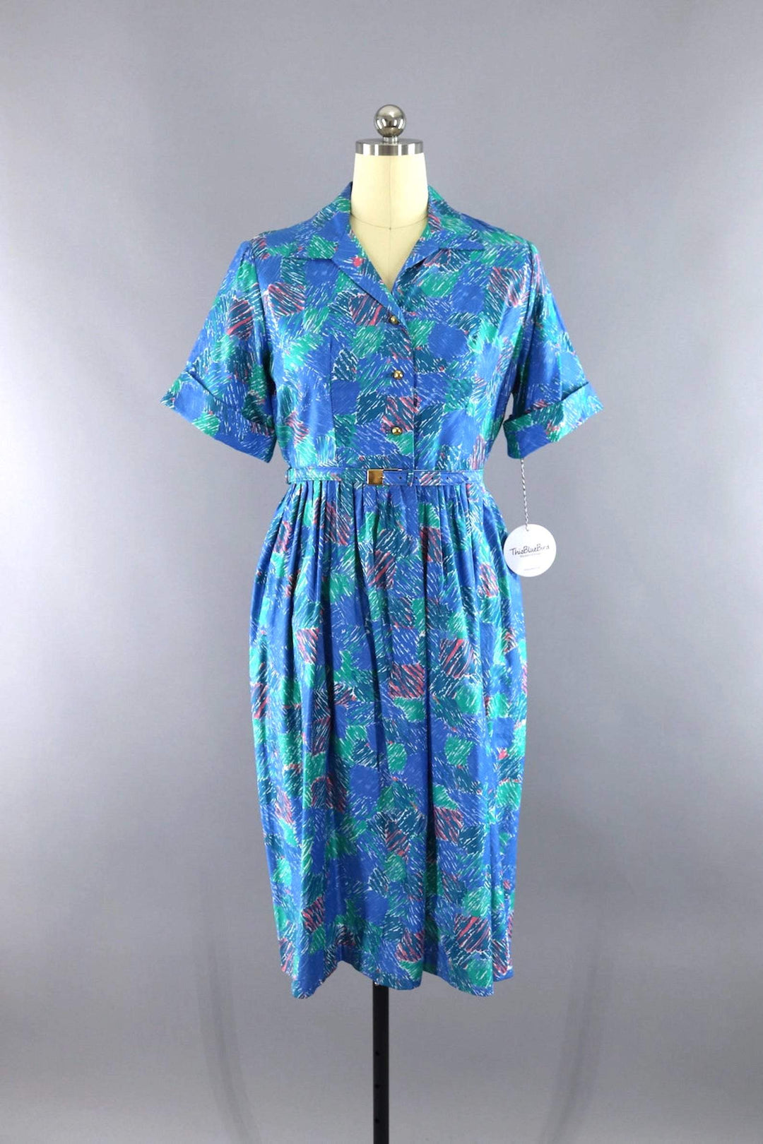 Vintage 1960s Blue Abstract Day Dress-ThisBlueBird