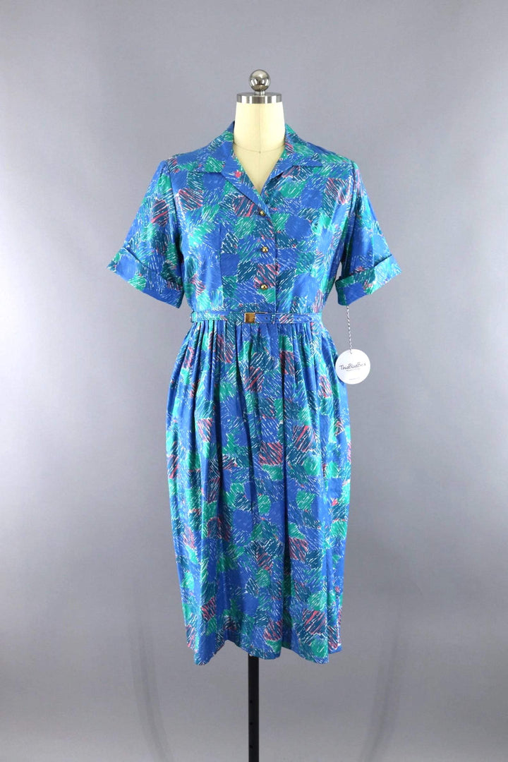 Vintage 1960s Blue Abstract Day Dress-ThisBlueBird