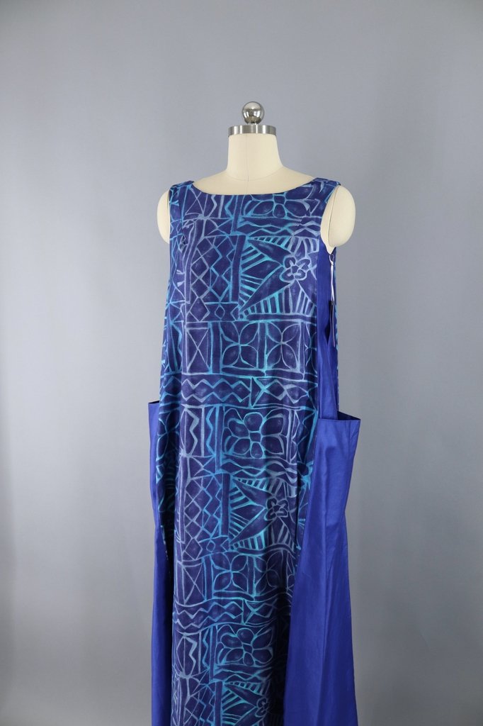 Vintage Maxi Dress Sundress / Blue Batik Cotton Sateen - ThisBlueBird