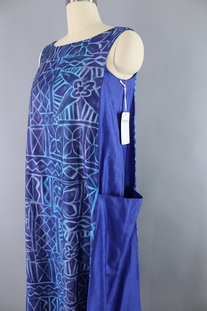 Vintage Maxi Dress Sundress / Blue Batik Cotton Sateen - ThisBlueBird
