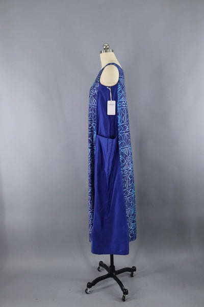 Vintage Maxi Dress Sundress / Blue Batik Cotton Sateen - ThisBlueBird