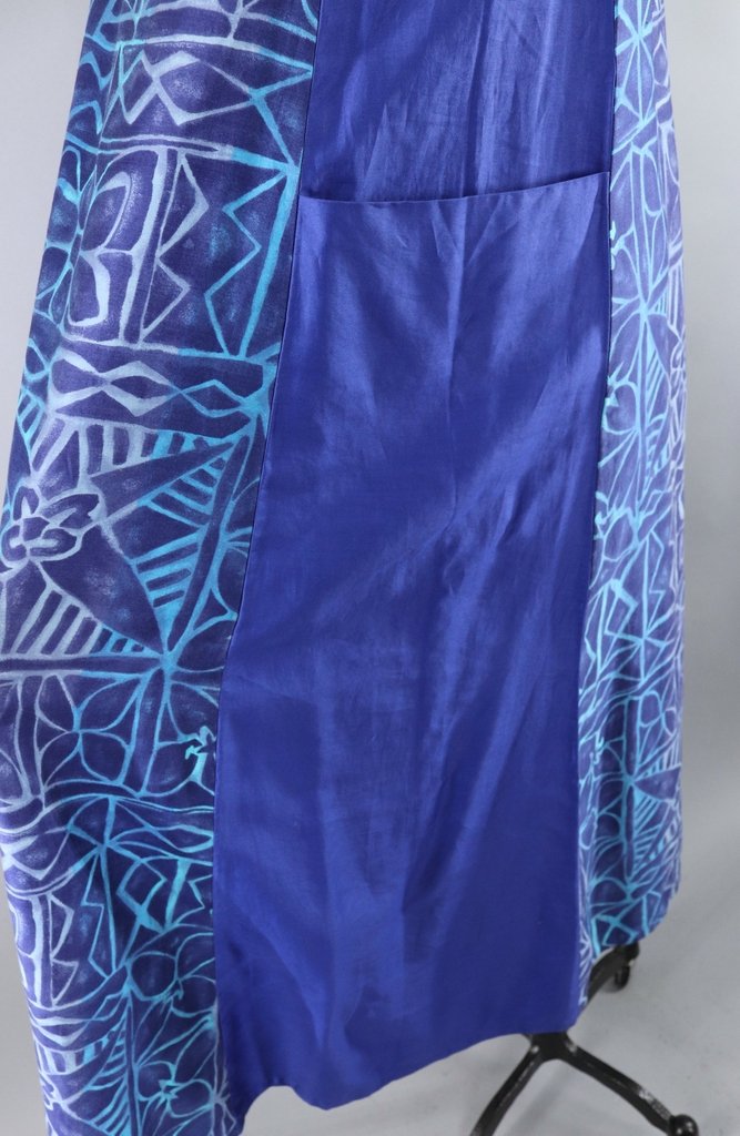 Vintage Maxi Dress Sundress / Blue Batik Cotton Sateen - ThisBlueBird