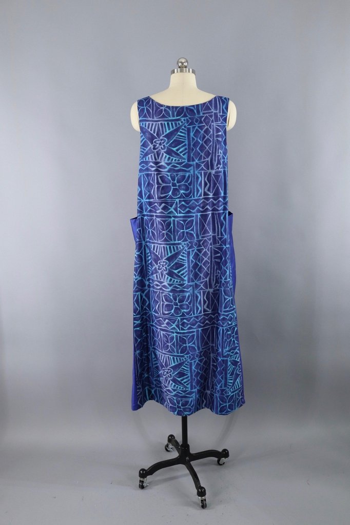 Vintage Maxi Dress Sundress / Blue Batik Cotton Sateen - ThisBlueBird