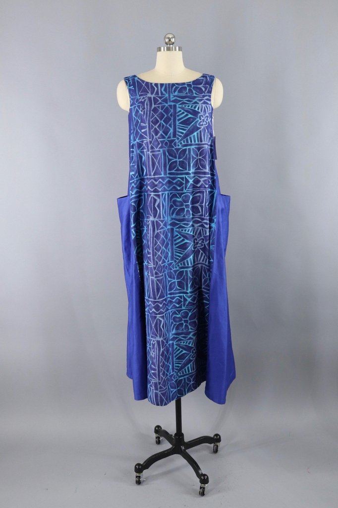 Vintage Maxi Dress Sundress / Blue Batik Cotton Sateen - ThisBlueBird
