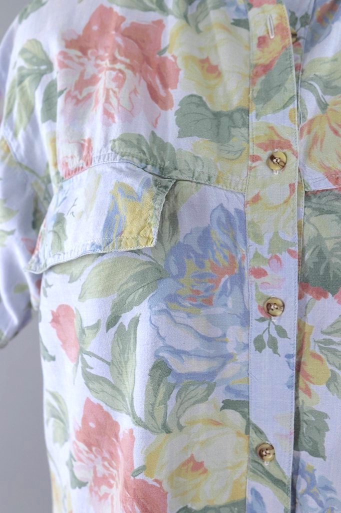 Vintage 1980s Blue Chambray Floral Print Blouse-ThisBlueBird