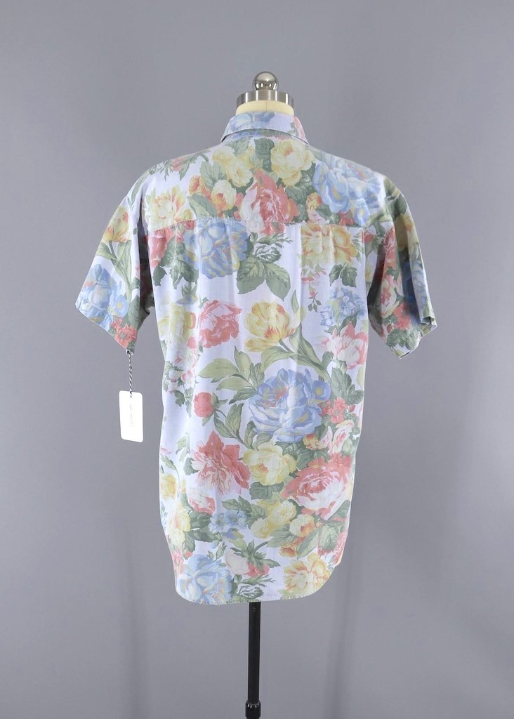 Vintage 1980s Blue Chambray Floral Print Blouse-ThisBlueBird