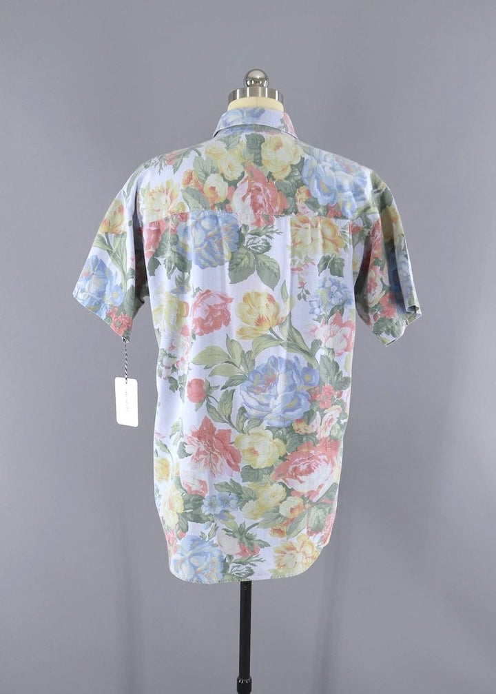 Vintage 1980s Blue Chambray Floral Print Blouse-ThisBlueBird