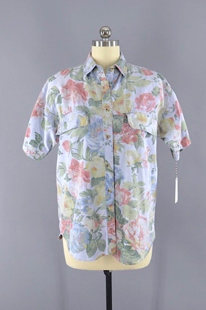 Vintage 1980s Blue Chambray Floral Print Blouse-ThisBlueBird