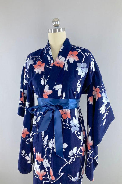 Vintage Blue & Coral Yukata Kimono Robe-ThisBlueBird