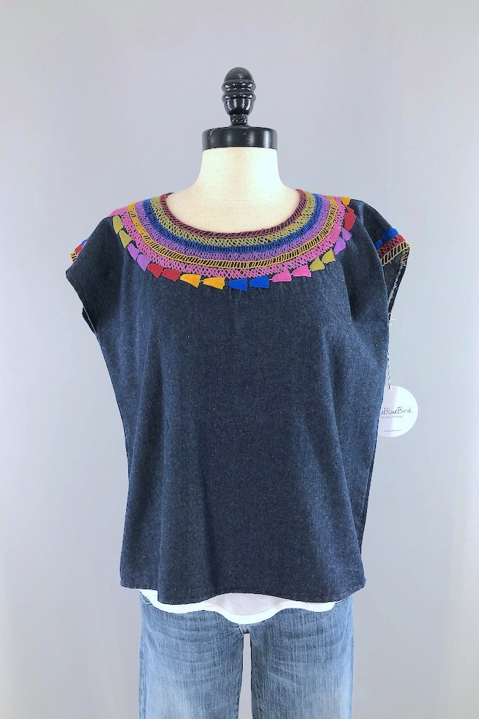 Vintage Blue Denim Mexican Embroidered Top-ThisBlueBird