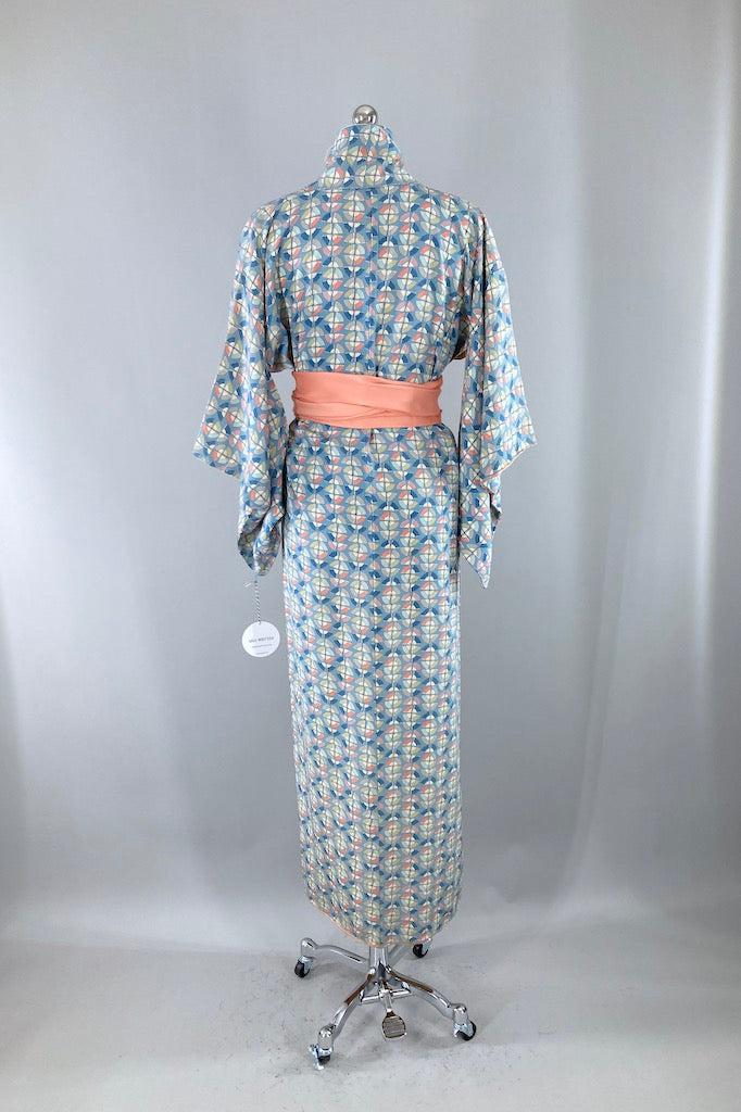 Vintage Blue Fans Silk Kimono Robe-ThisBlueBird
