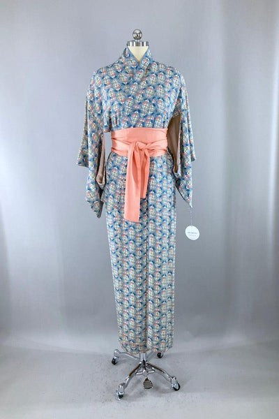 Vintage Blue Fans Silk Kimono Robe-ThisBlueBird
