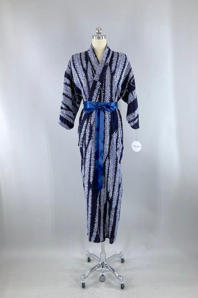 Vintage Blue Ferns Cotton Yukata Kimono-ThisBlueBird