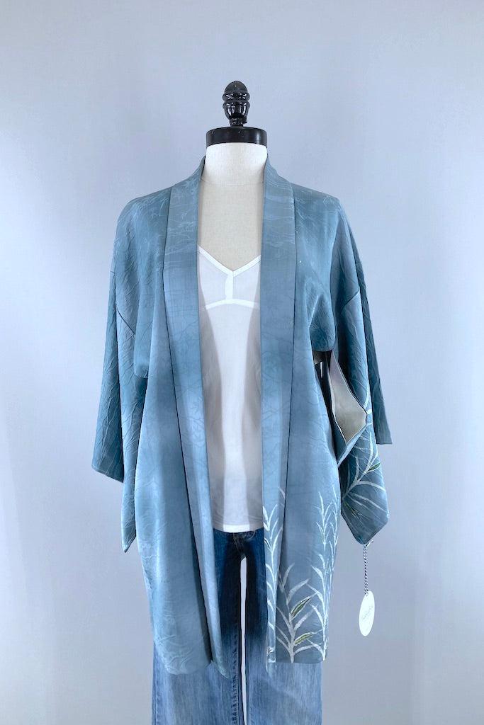 Vintage Blue Ferns Silk Kimono Cardigan-ThisBlueBird