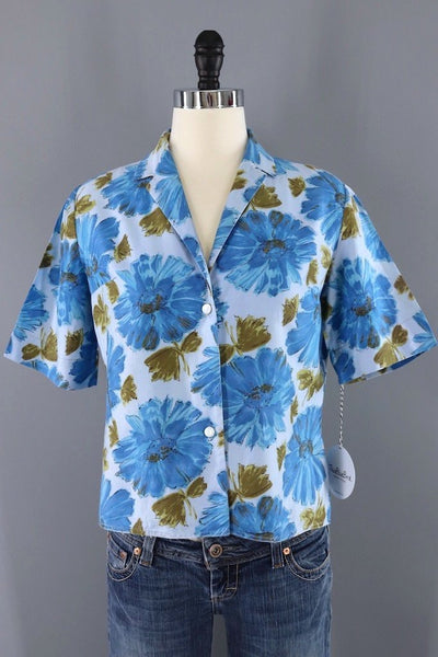 Vintage Blue Floral Print Blouse-ThisBlueBird - Modern Vintage